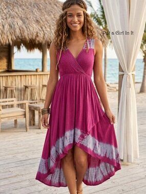 Vocal Apparel Women's Boho Crystal Magenta Pink Tie Dye Salsa Maxi Dress USA S